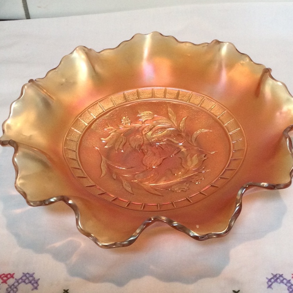 Fenton Tulips pattern iridescent marigold carnival glass ruffled bowl